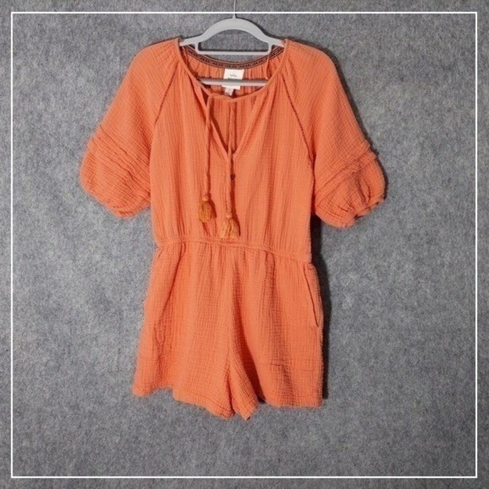 Knox Rose Romper S Coral Seersucker Gauze Puff Sleeve Tassel Festival Cottage